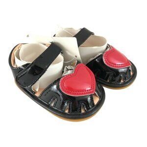 Baby Girls Sandals Hook & Loop Faux Leather Heart Black Red Size 0-6 Months